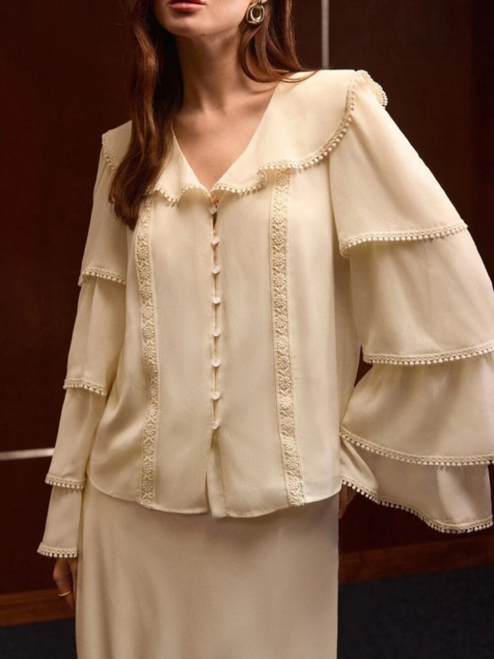 Cream Chiffon Flounce Collar Tiered Bell Sleeve Blouse
